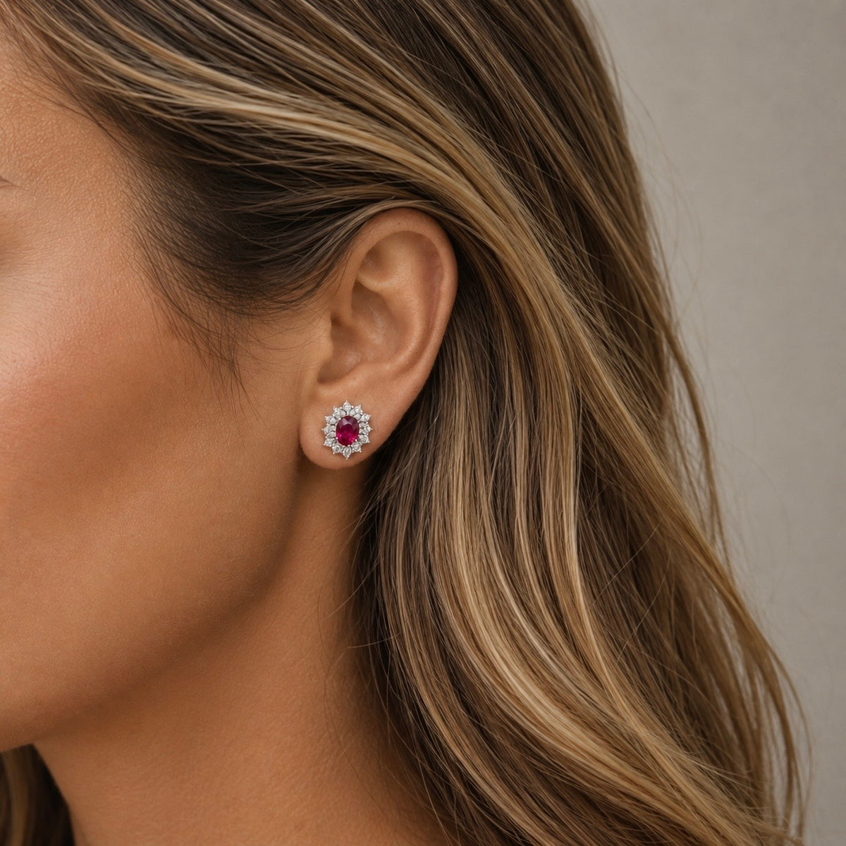 18K White Gold Natural Ruby & Diamond Cluster Halo Stud Earrings