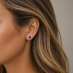 18K White Gold Natural Ruby & Diamond Cluster Halo Stud Earrings