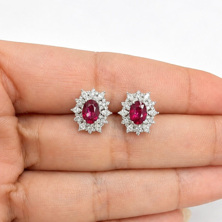 18K White Gold Natural Ruby & Diamond Cluster Halo Stud Earrings