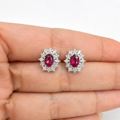 18K White Gold Natural Ruby & Diamond Cluster Halo Stud Earrings