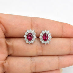 18K White Gold Natural Ruby & Diamond Cluster Halo Stud Earrings