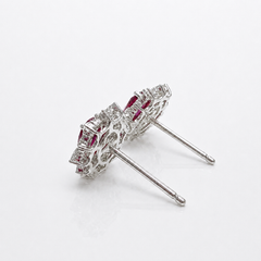 18K White Gold Natural Ruby & Diamond Cluster Halo Stud Earrings