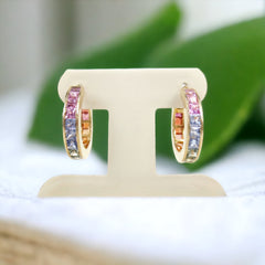 Rainbow Channel-set Natural Sapphire Hoop Earrings - 18K Yellow Gold - 18mm