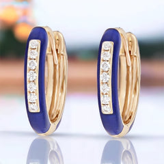 14K Yellow Gold Blue Enamel Diamond Huggie Earrings