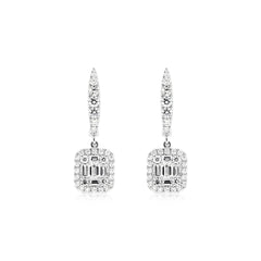Halo Fusion Round and Baguette Diamond Dangle Earrings