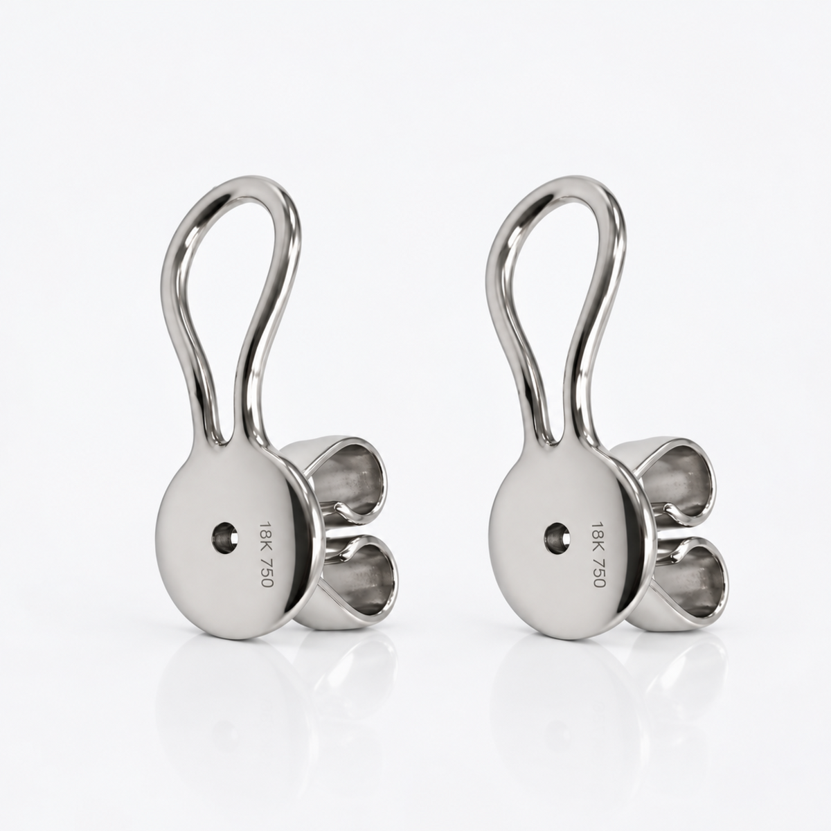Back view of 18K white gold floral ear climber earrings with stabilizer wire and friction backs
