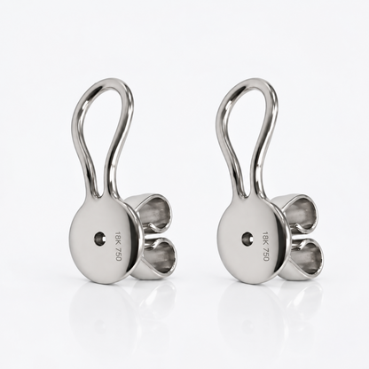 Back view of 18K white gold floral ear climber earrings with stabilizer wire and friction backs