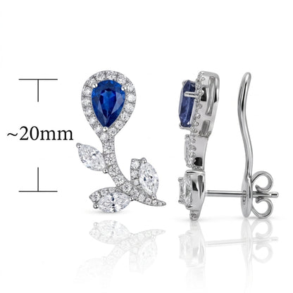Natural blue sapphire and diamond floral ear climber earrings measuring approximately 20mm long