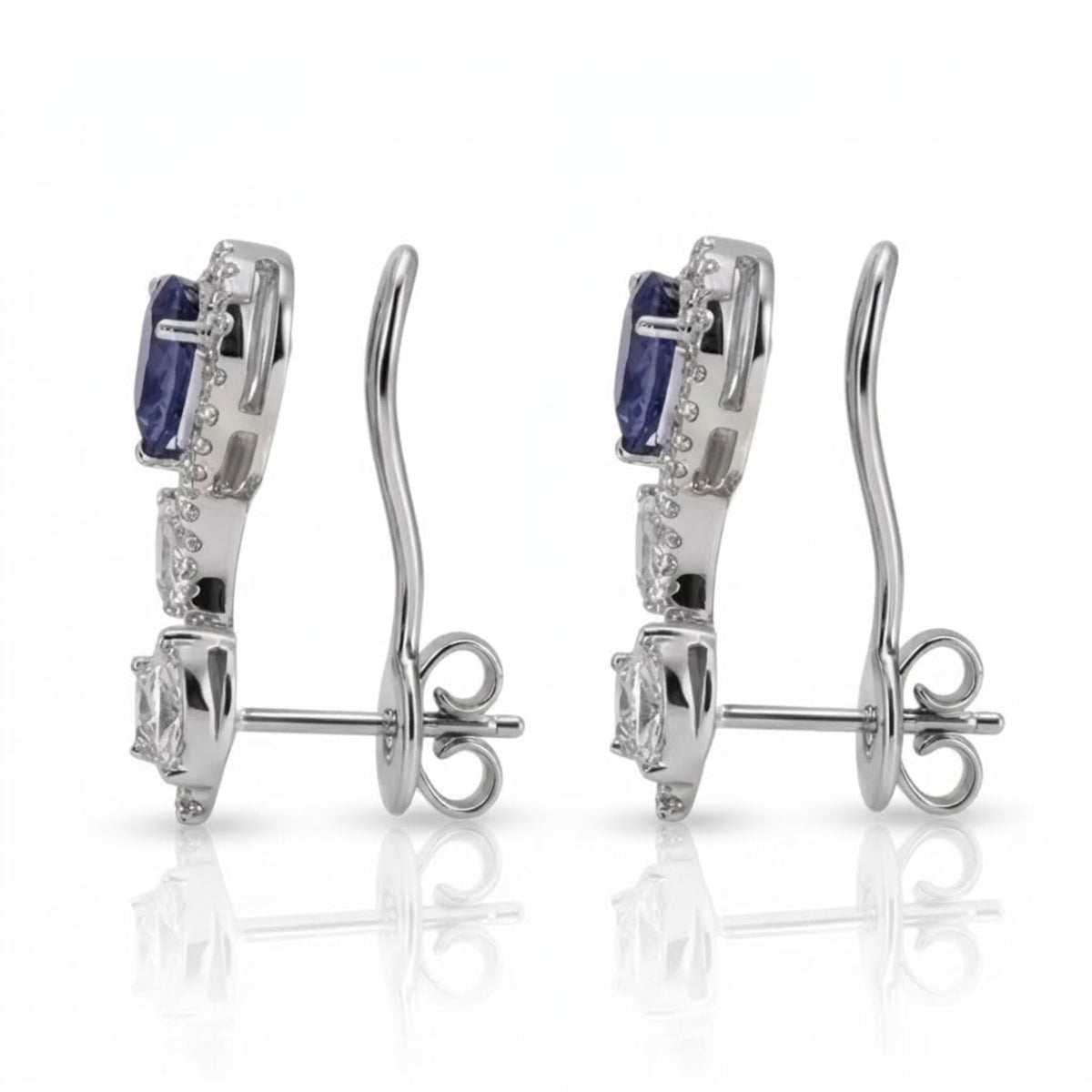 Side view of 18K white gold sapphire and diamond floral ear climber earrings with stabilizer wire