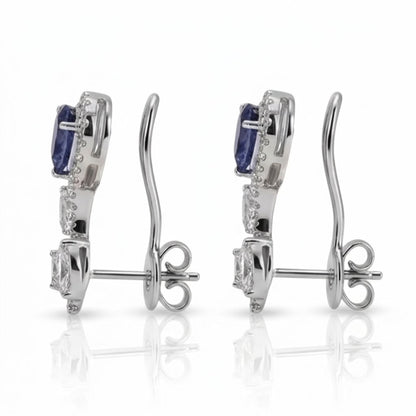 Side view of 18K white gold sapphire and diamond floral ear climber earrings with stabilizer wire