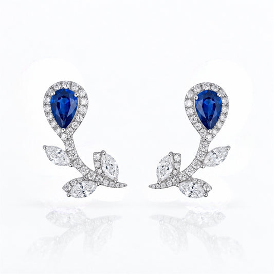 18K white gold natural blue sapphire and diamond floral ear climber earrings, front view