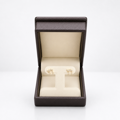 A pair of gold post earrings displayed on a cream jewelry stand inside an open dark brown textured presentation box on a white background.