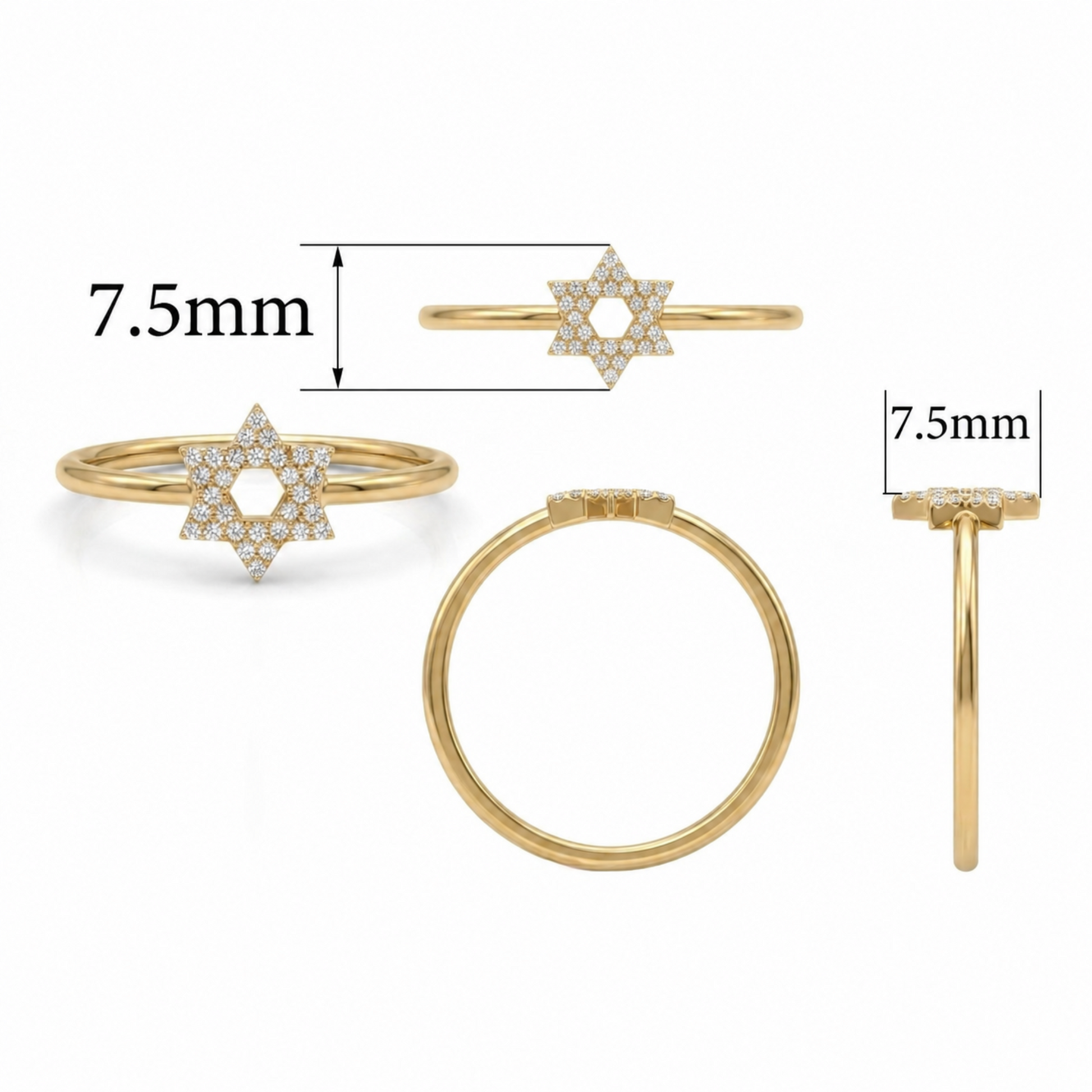 Gold ring with a six-pointed star pavé-set in the center, shown from multiple angles with 7.5mm dimension labels on a white background.