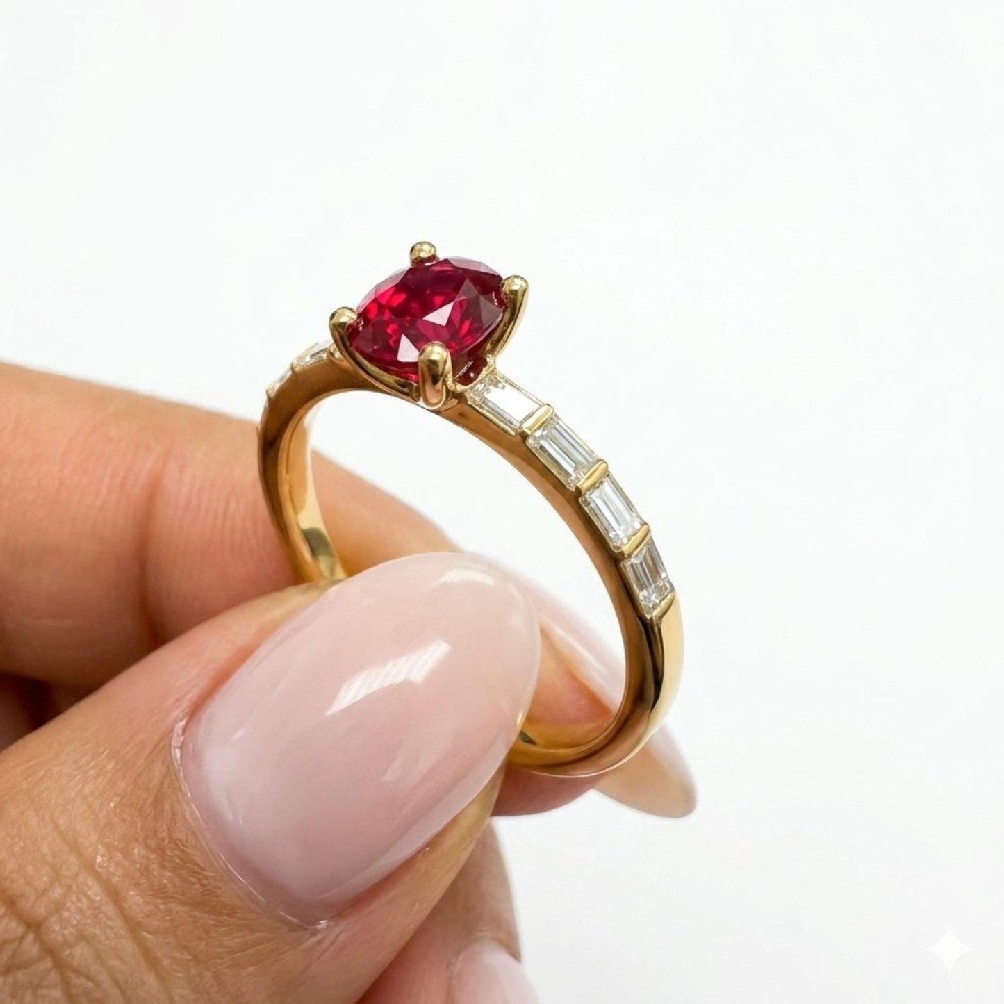 A gold ring with a marquise-cut red ruby and baguette-cut diamonds  on the band, held between fingers against a white background.