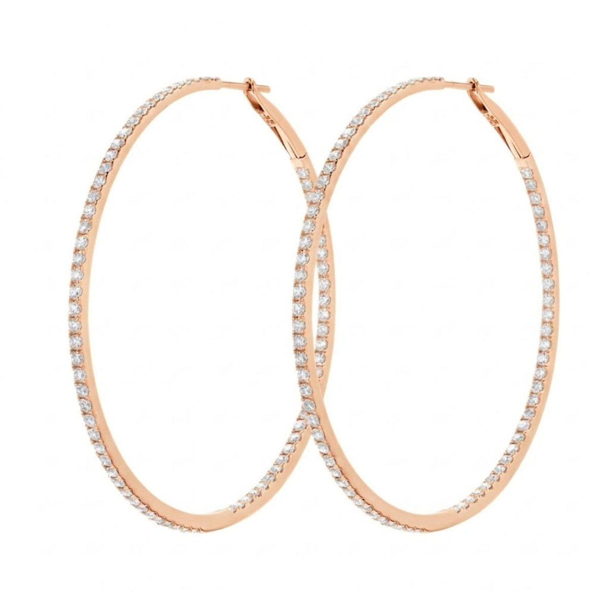 Rose gold hoop earrings with pavé-set clear diamonds, shown on a plain white background.
