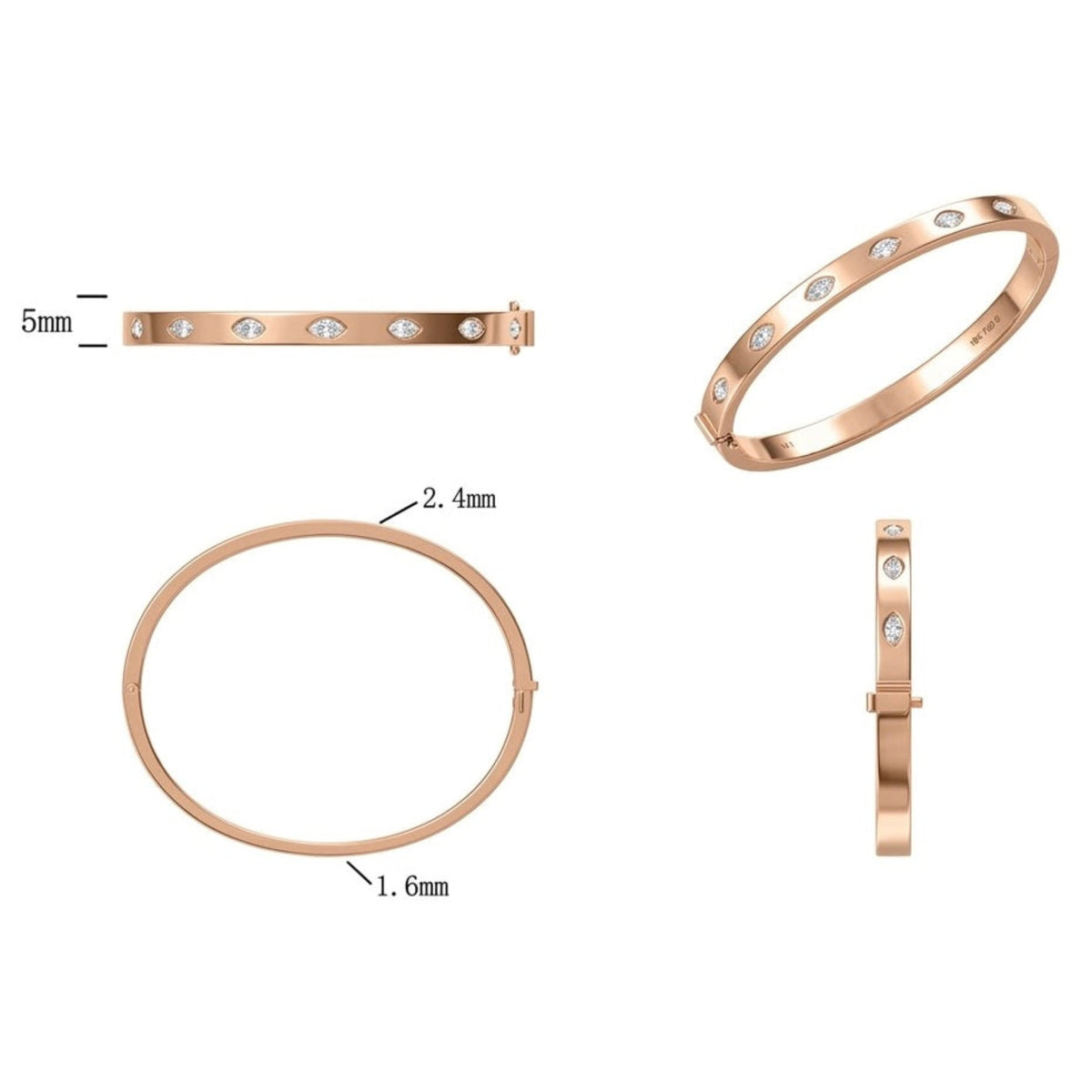 Rose gold bangle bracelet shown from multiple angles with measurement labels on a white background.