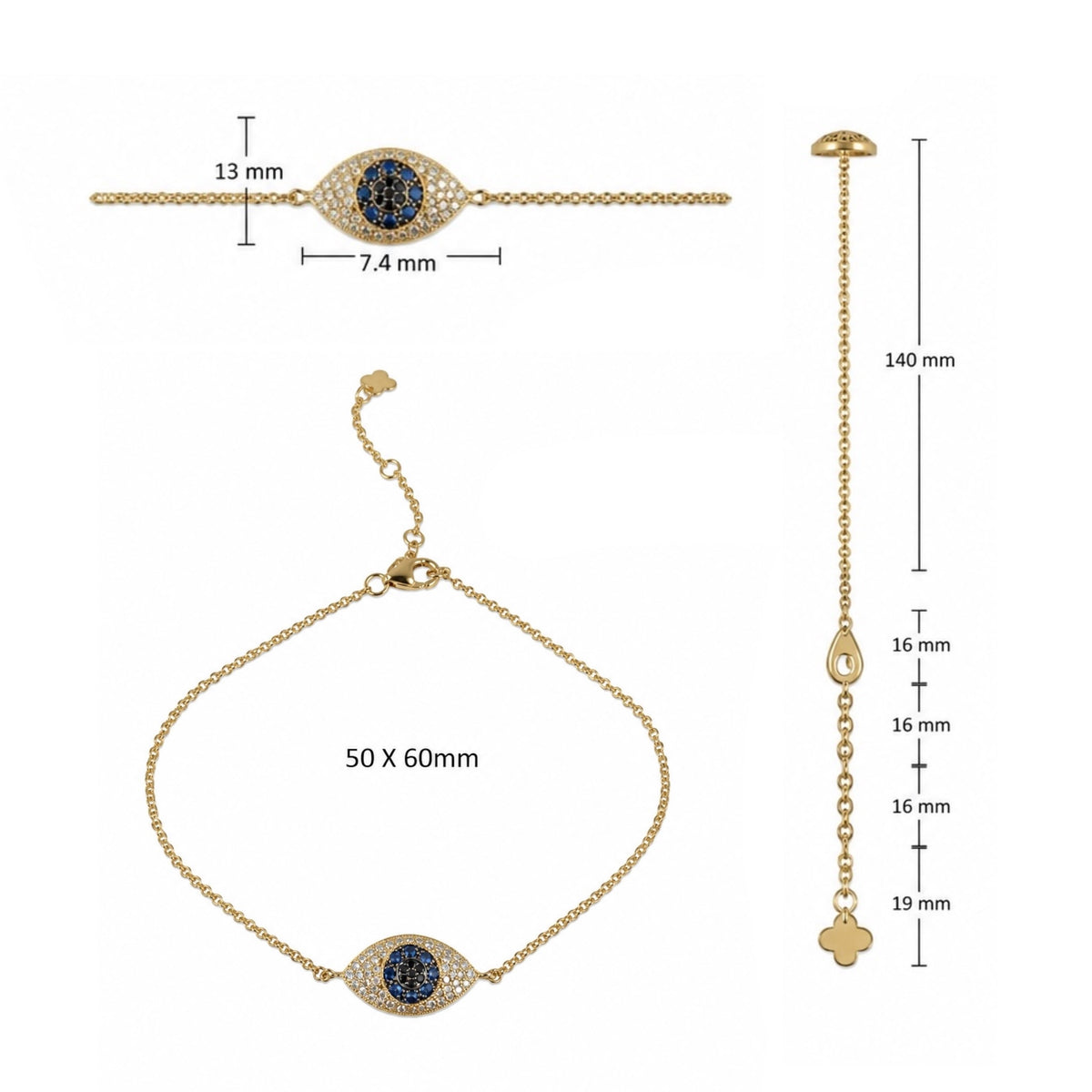 Gold-tone chain bracelet set with oval eye motif center stones, shown with dimension annotations: one bracelet laid flat (13 mm width, 7.4 mm center width), one hanging full length (140 mm), and one worn loop size (50 x 60 mm).