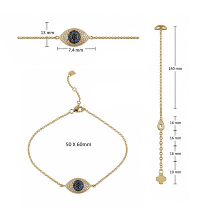 Gold-tone chain bracelet set with oval eye motif center stones, shown with dimension annotations: one bracelet laid flat (13 mm width, 7.4 mm center width), one hanging full length (140 mm), and one worn loop size (50 x 60 mm).