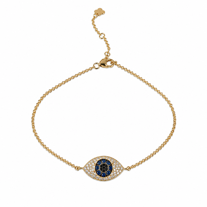 Dainty Solid 18K Yellow Gold Mini Evil Eye Diamond & Sapphire Chain Bracelet