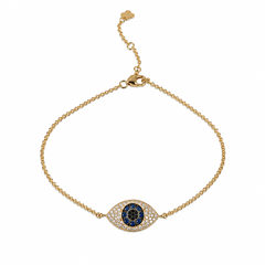 Dainty Solid 18K Yellow Gold Mini Evil Eye Diamond & Sapphire Chain Bracelet