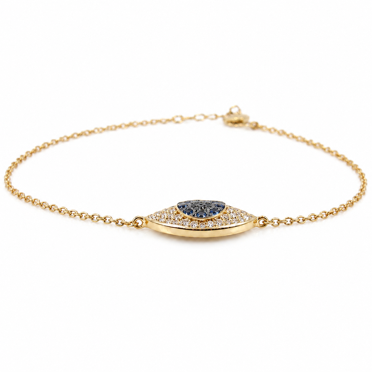 Dainty Solid 18K Yellow Gold Mini Evil Eye Diamond & Sapphire Chain Bracelet