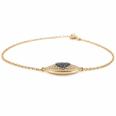 Dainty Solid 18K Yellow Gold Mini Evil Eye Diamond & Sapphire Chain Bracelet