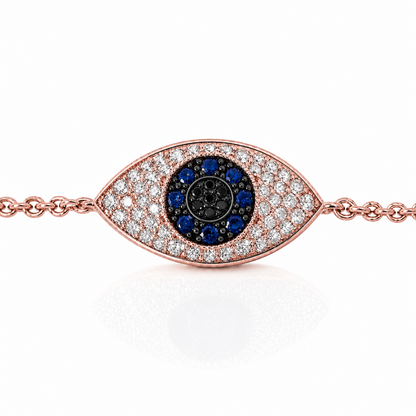 Dainty Solid 18K Yellow Gold Mini Evil Eye Diamond & Sapphire Chain Bracelet