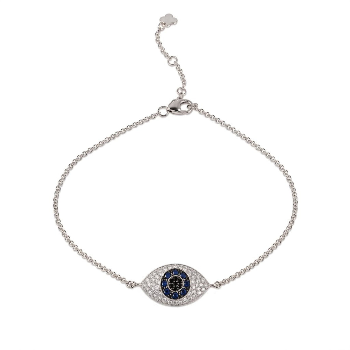 A silver-toned chain bracelet featuring an evil eye charm with a dark blue and gold center, surrounded by small clear diamonds, on a plain white background.