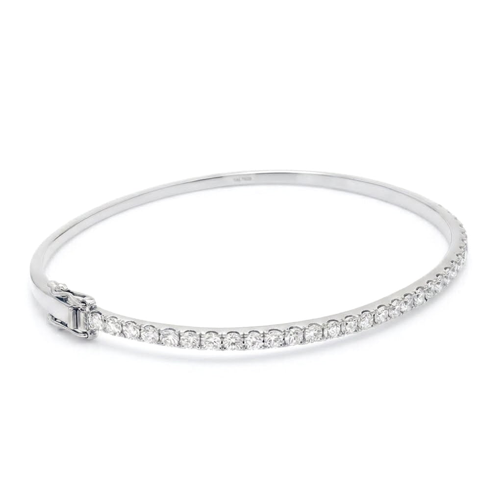 Luxury 18K White Gold Slim Diamond Bangle | Round Brilliant Tennis Half-Bangle