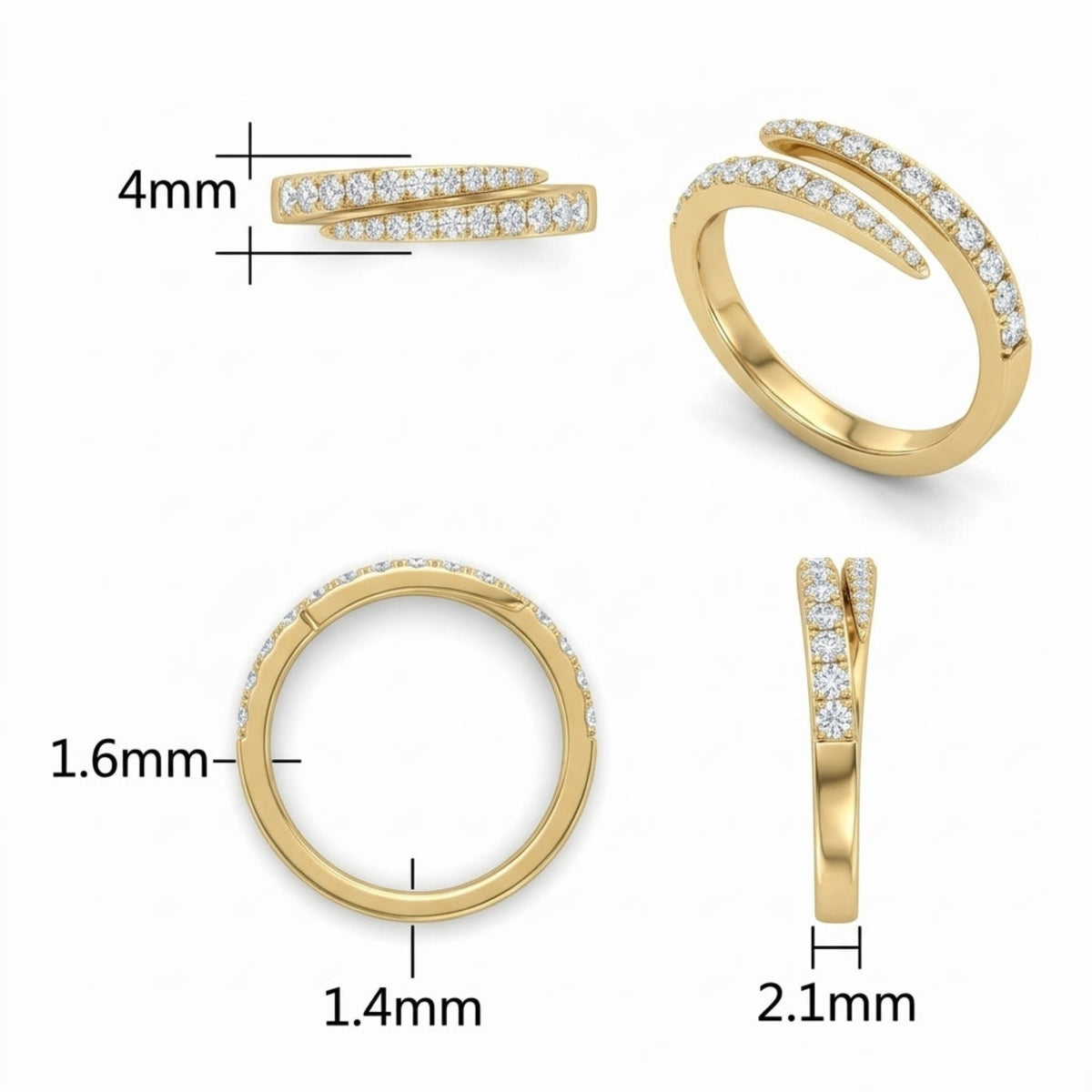 Gold wrap ring with clear pavé stones shown from multiple angles with measurement labels including 4mm, 1.6mm, 1.