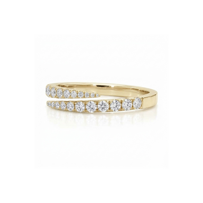 A double-row diamond band ring in yellow gold, featuring two parallel rows of round-cut diamonds on a clean white background.
