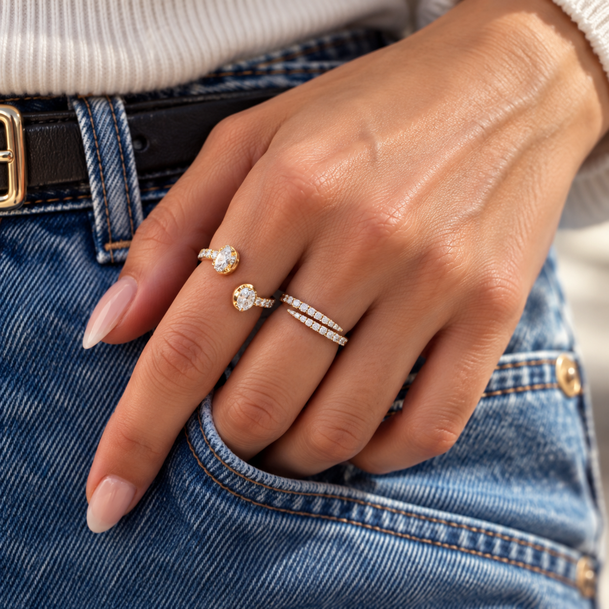 A close-up of a person's hand wearing three rings, including two gold bands with clear diamonds, resting on blue denim jeans.