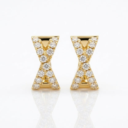 Pair of solid 14K yellow gold natural diamond X huggie hoop earrings featuring an X-shaped diamond design.