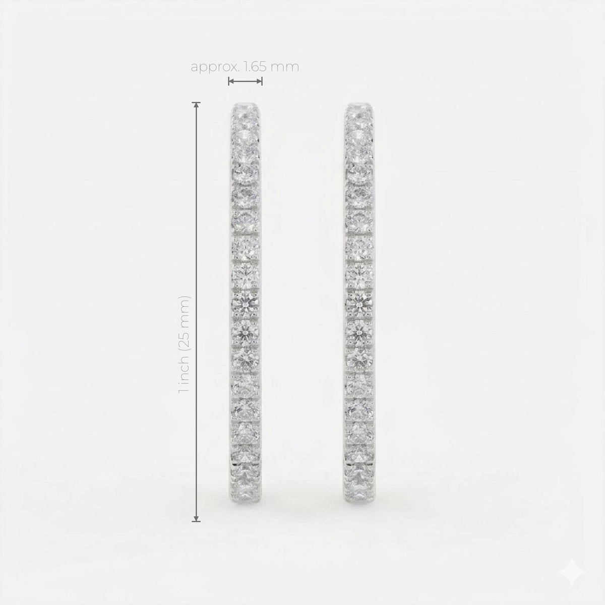 Technical dimensions of 1-inch diamond hoop earrings showing hoop profile and approximately 1.65mm width.