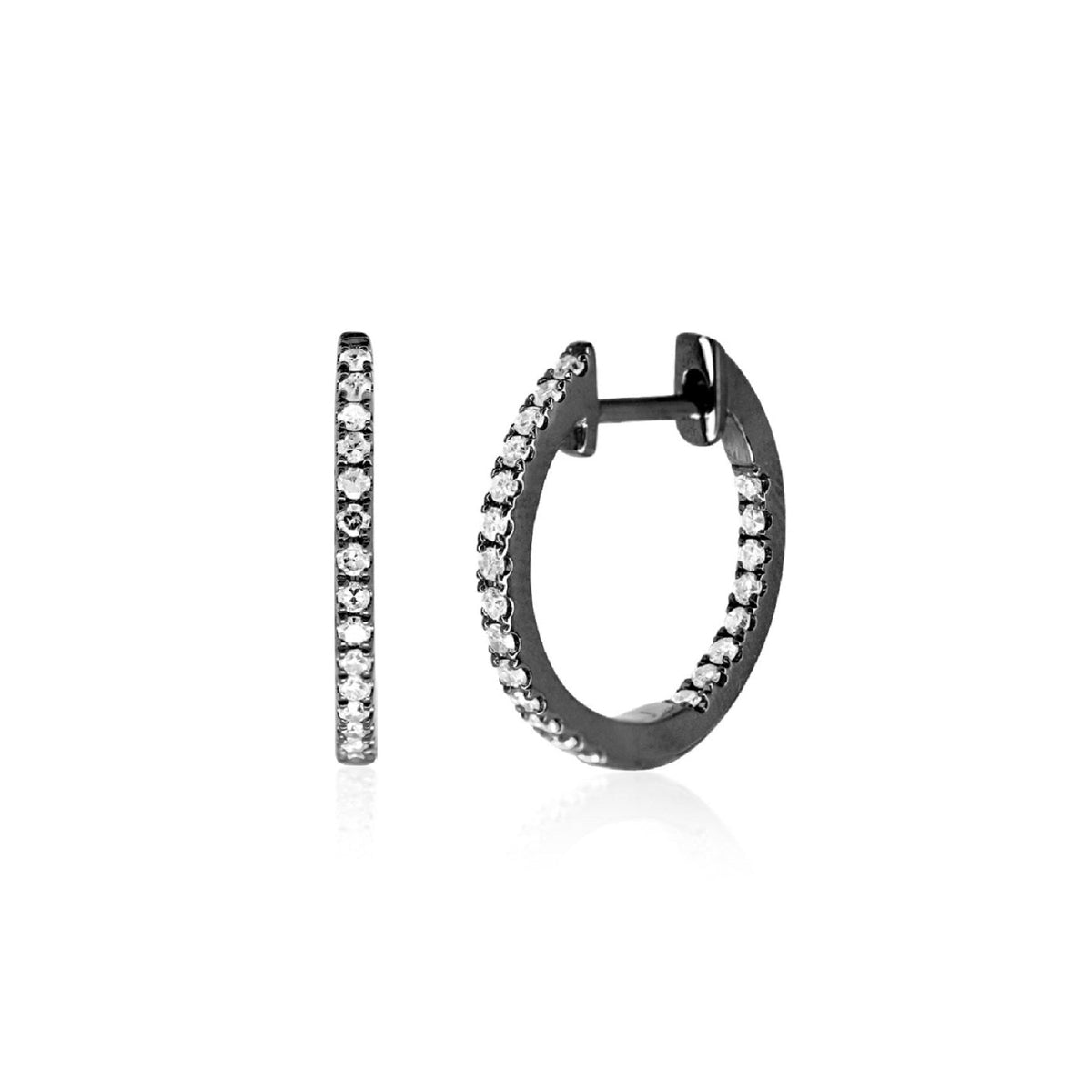 A pair of small hoop earrings with a black rhodium finish  set with round diamonds, shown from front and side views on a white background.