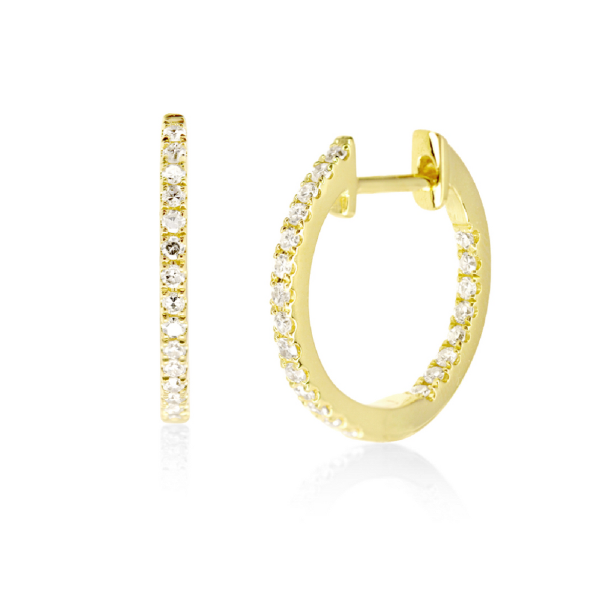 A pair of gold hoop earrings with a row of clear pavé-set diamonds along the front, shown on a clean white background with a subtle reflection.