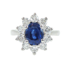 Oval Sapphire and Diamond Halo Ring, 18K White Gold