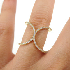 Micro Pave Diamond Double curve 18K Yellow Gold Band