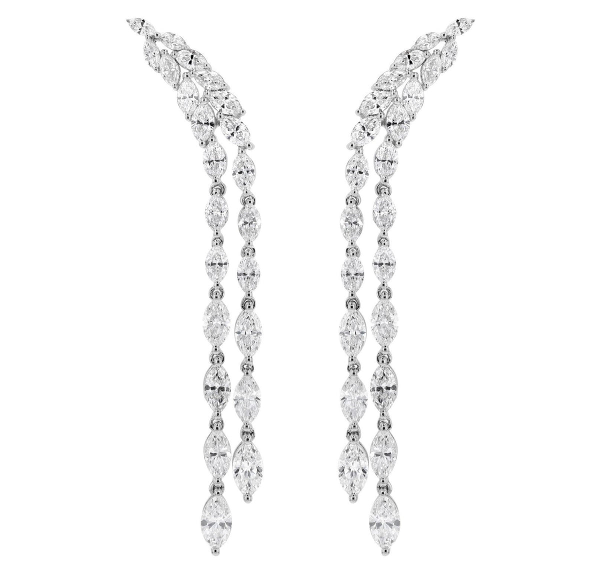 A pair of 18K white gold dangling drop earrings adorned with natural marquise diamonds.