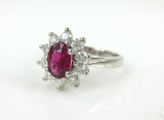 Oval Ruby and Diamond Halo Ring, 18K White Gold
