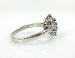 Oval Sapphire and Diamond Halo Ring, 18K White Gold