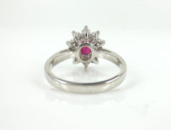 Oval Ruby and Diamond Halo Ring, 18K White Gold