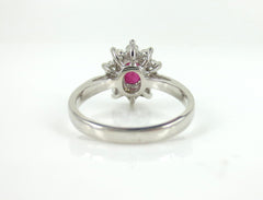 Oval Ruby and Diamond Halo Ring, 18K White Gold