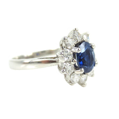 Oval Sapphire and Diamond Halo Ring, 18K White Gold