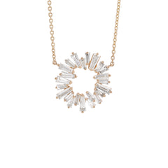 18K Gold Natural Baguette Diamond Sunburst Pendant Necklace