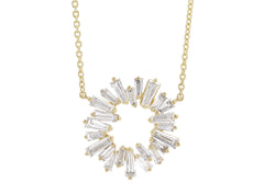 18K Gold Natural Baguette Diamond Sunburst Pendant Necklace