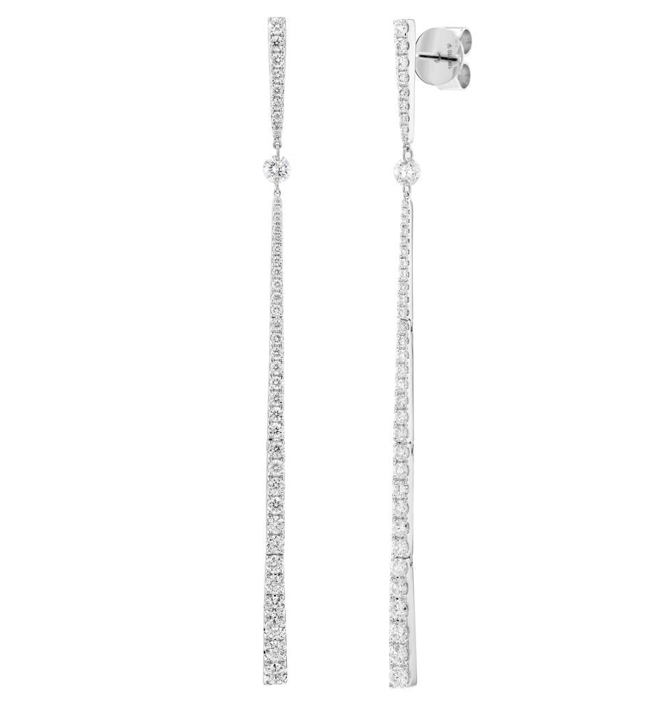 18K Gold Natural Diamond Pave Bar Linear Drop Earrings