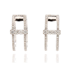 18K White Gold Double Row Diamond Huggies Earrings