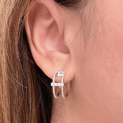 18K White Gold Double Row Diamond Huggies Earrings