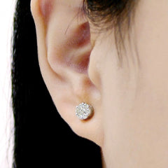 18K White Gold Round Natural Diamond Flower Stud Earrings